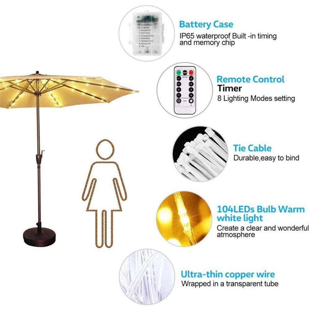 Outdoor Patio Umbrella Light Strings LED Umbrella Lamp with Remote Control and 10 Cable Tie Umbrella Pole Light Garden Decor