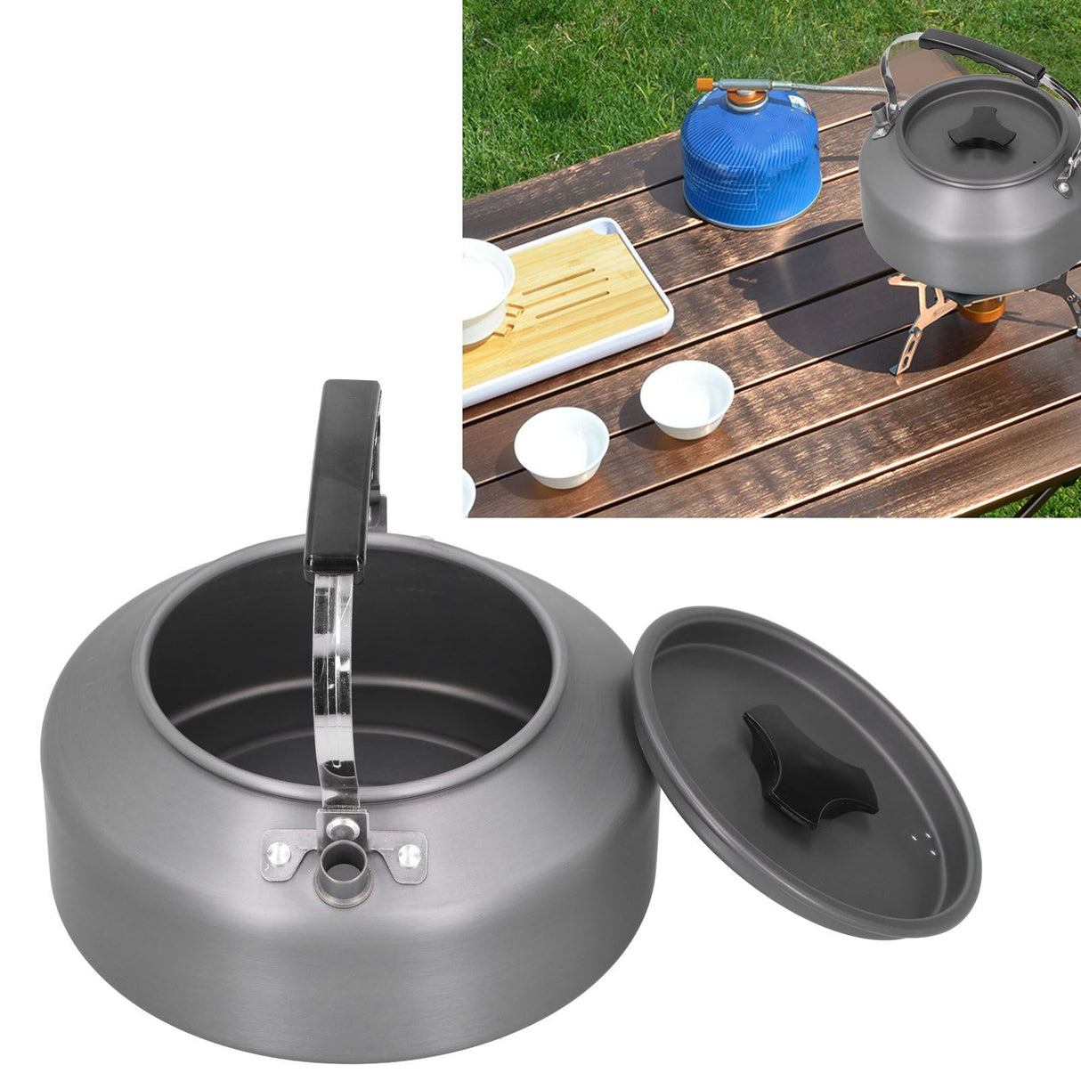 1.6L Portable Camping Coffee Tea Pot Outdoor Fishing Hiking Barbecue Kettle Pot (Black Handle)