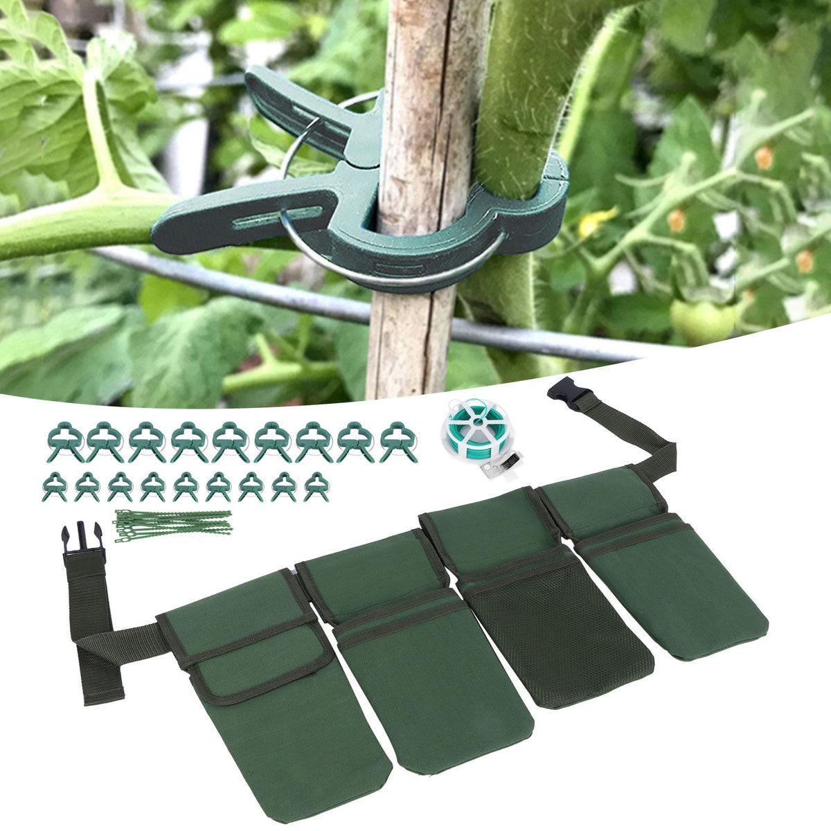 Gardening Tools Set Green Waist Bag Plant Support Clips Adjustable Cable Ties Kit