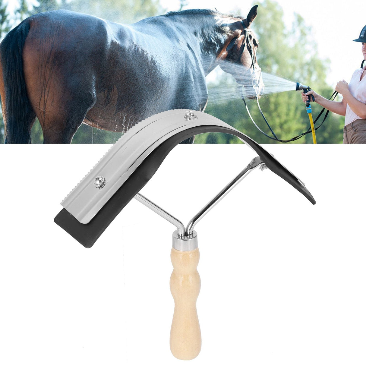 Horse Sweat Scraper with Wood Handle Non Slip Horse Cleaning Grooming Tool Farm Supplies