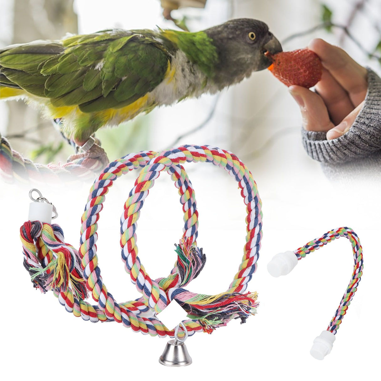 2Pcs Bird Stand Rope with Bell Colorful Hanging Cotton Rope Parrots Climbing Bar Toys
