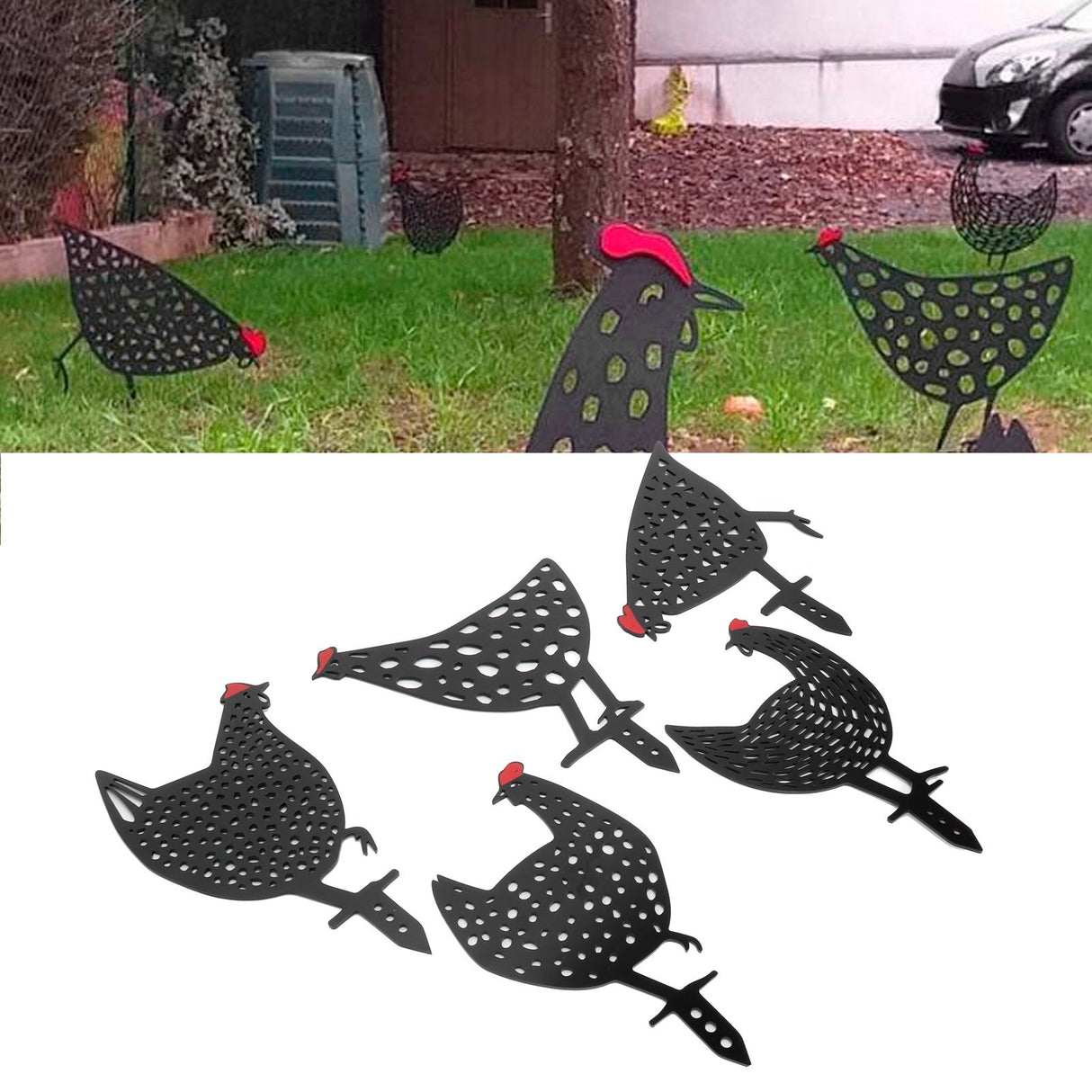 5Pcs Chicken Stakes Set Acrylic Animal Shape Statues Decoration for Garden Yard Black