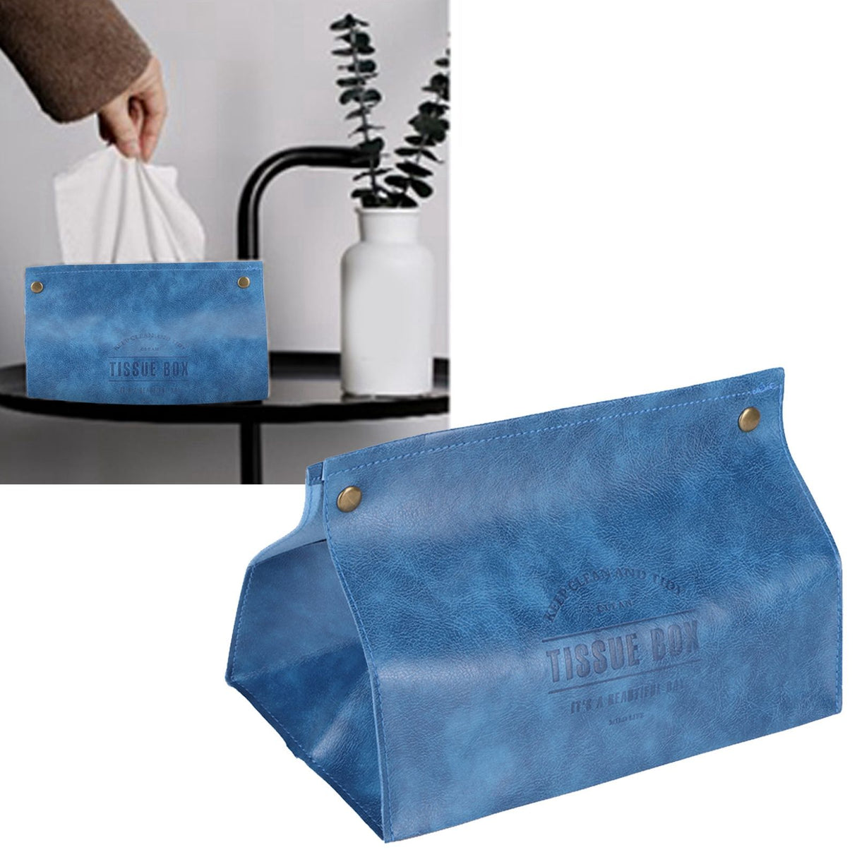 PU Leather Originality Tissue Box Desktop Tissue Organizer for Bedroom Living RoomBlue