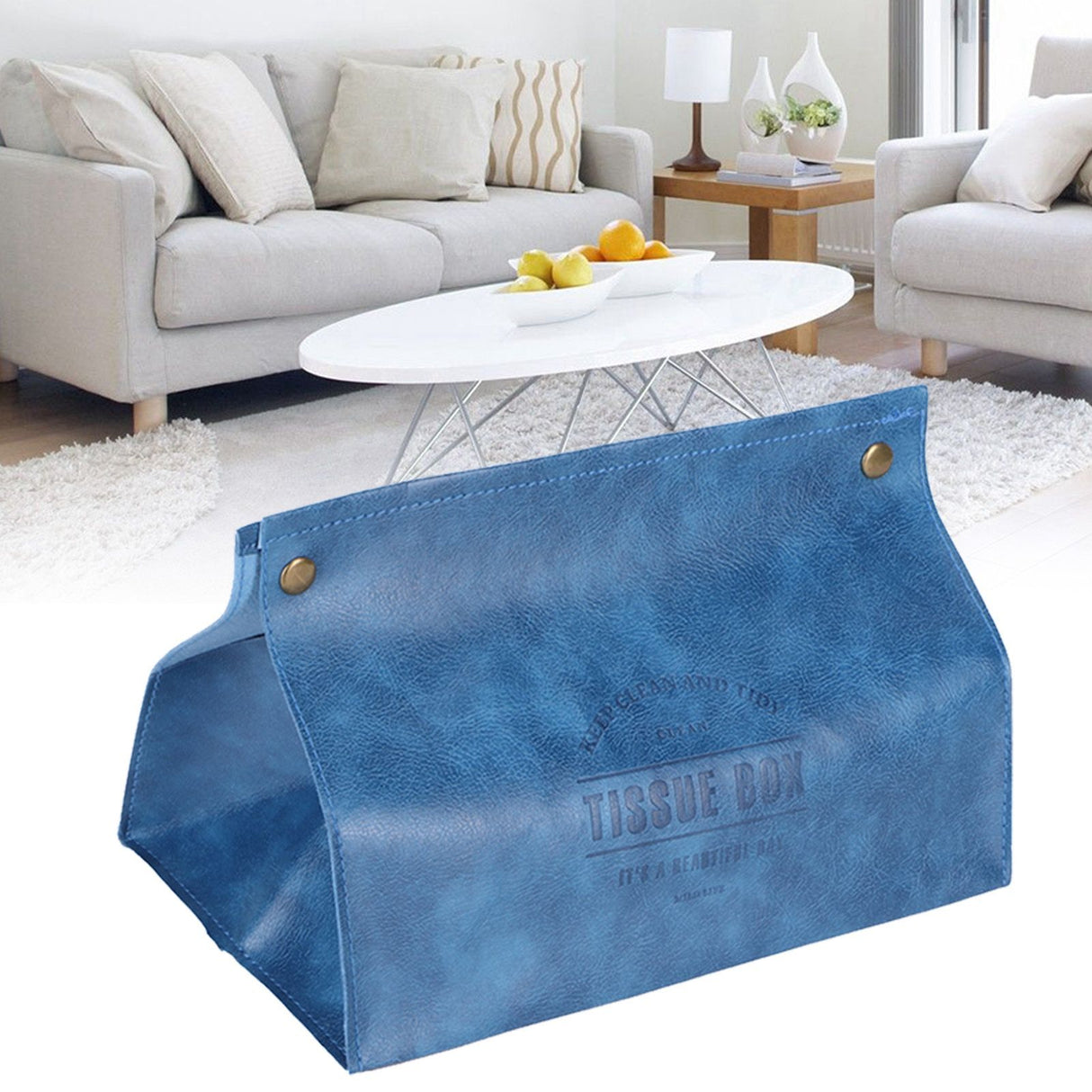 PU Leather Originality Tissue Box Desktop Tissue Organizer for Bedroom Living RoomBlue