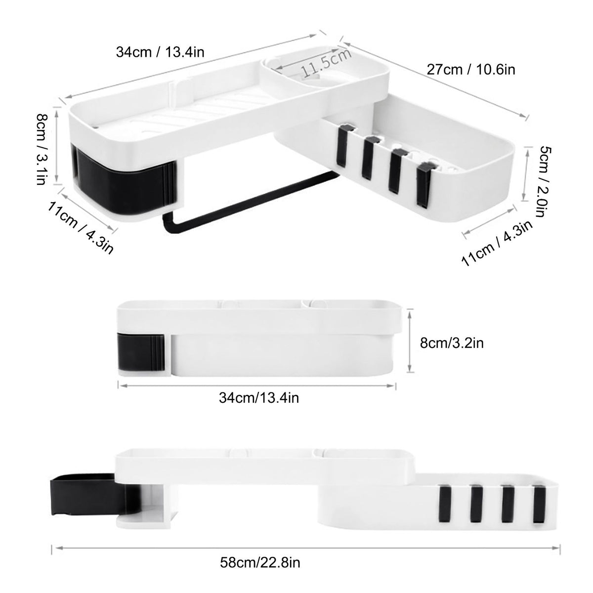 No Drilling Corner Shower Shelf Wall Mounted Bathroom Storage Rack with Towel Hook(White Black )