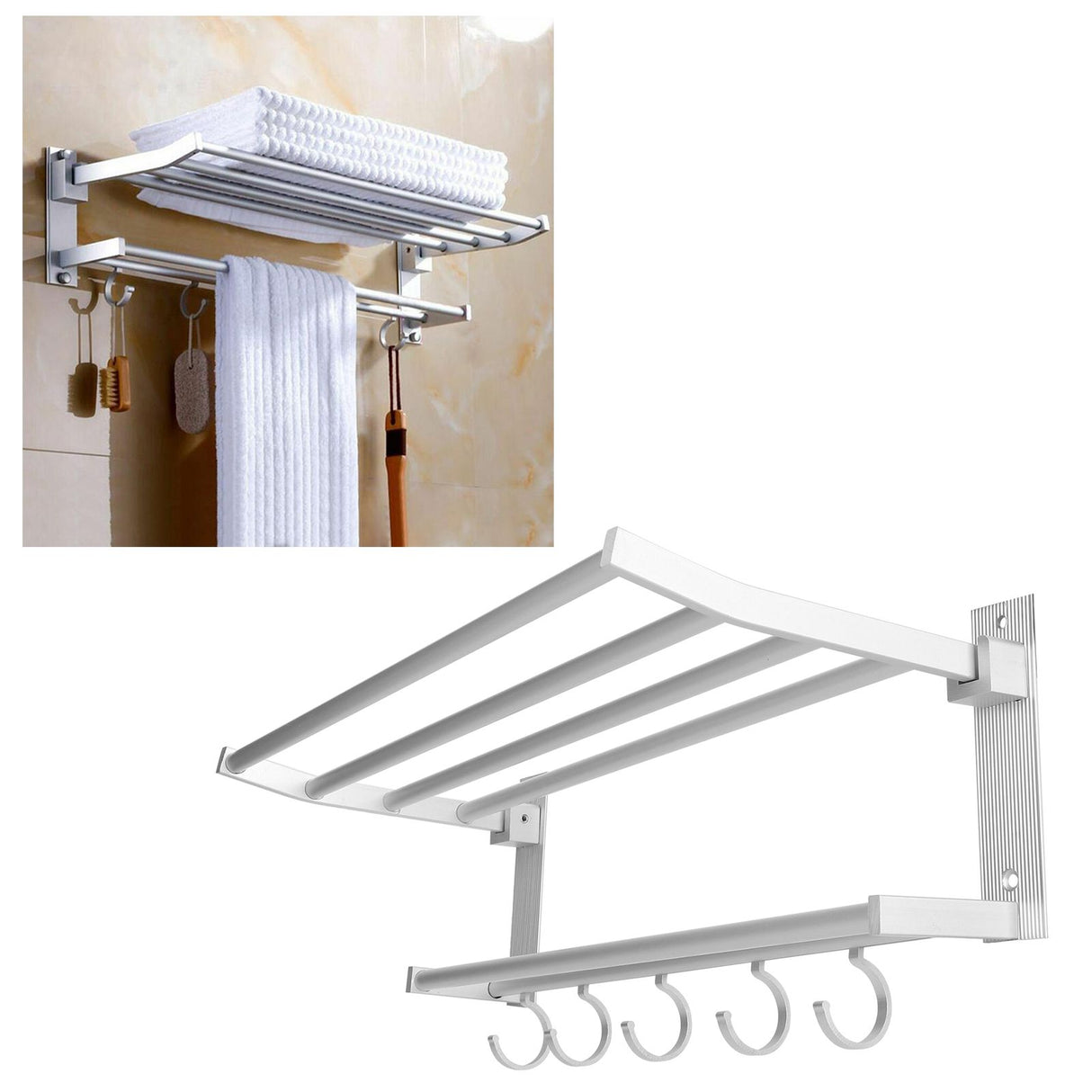 40cm Shower Shelf Foldable Aluminum Bathroom Towel Coat Rack with 5 Hooks Silver