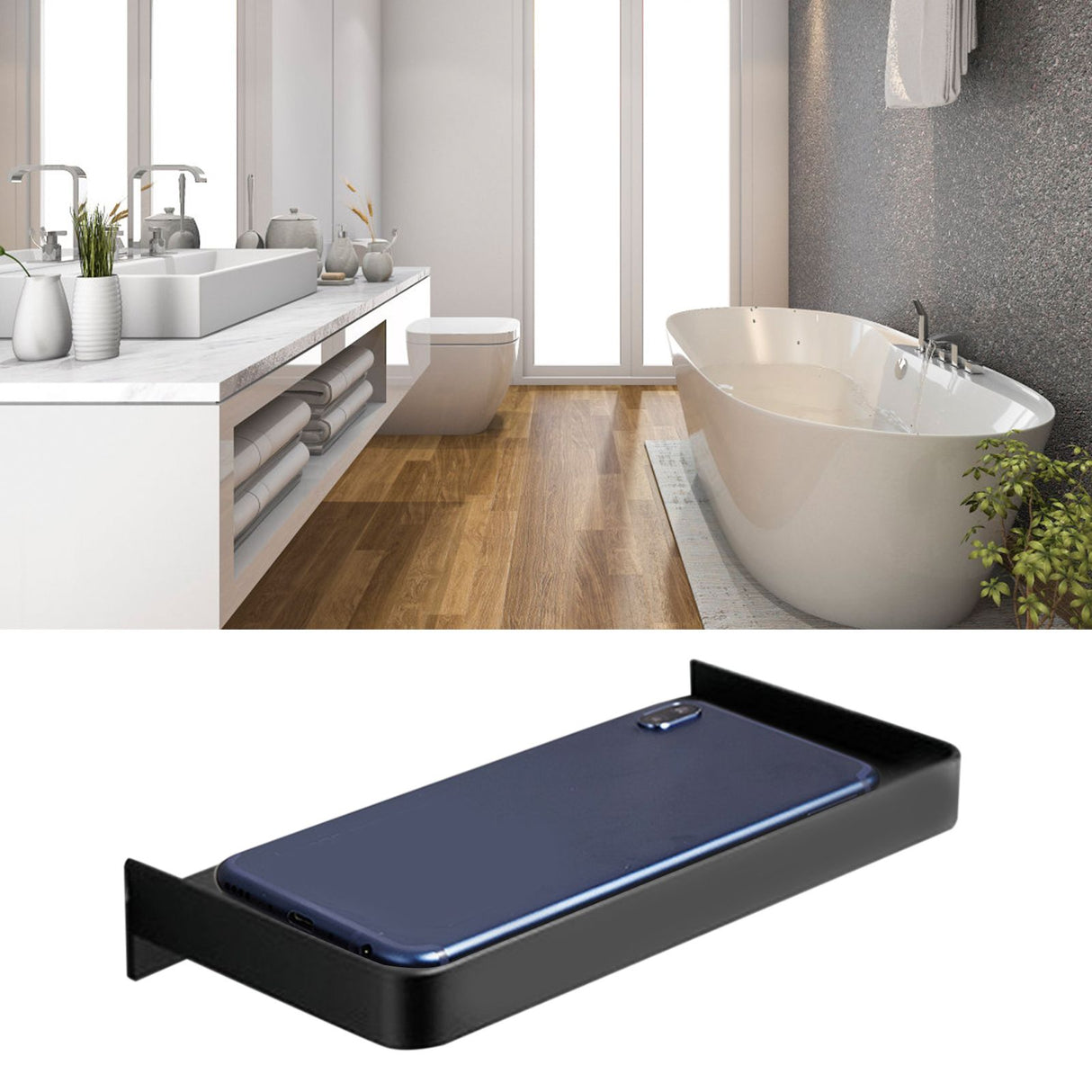 Bathroom Phone Holder Wall Mounted Thick Phone Storage Shelf Toilet Accessory 185x90mmBlack