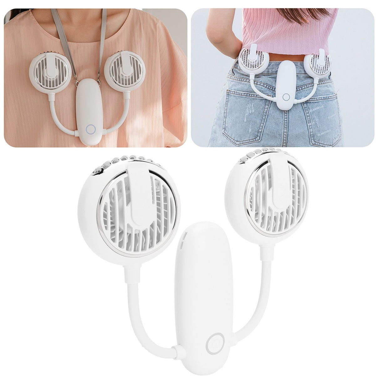 Dual‑Head USB Fan 360° Rotating Portable Neck‑Hanging Electric Fan for Outdoor TravelWhite