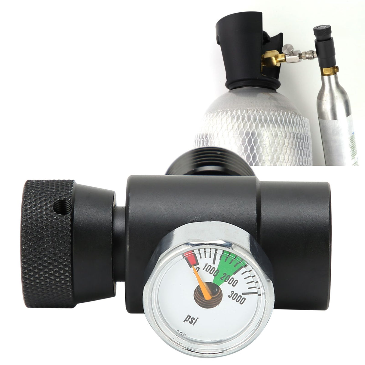 CO2 Cylinder Refill Adapter Connector CGA320 // TR21-4 ASA 3000psi Pressure Gauge Black
