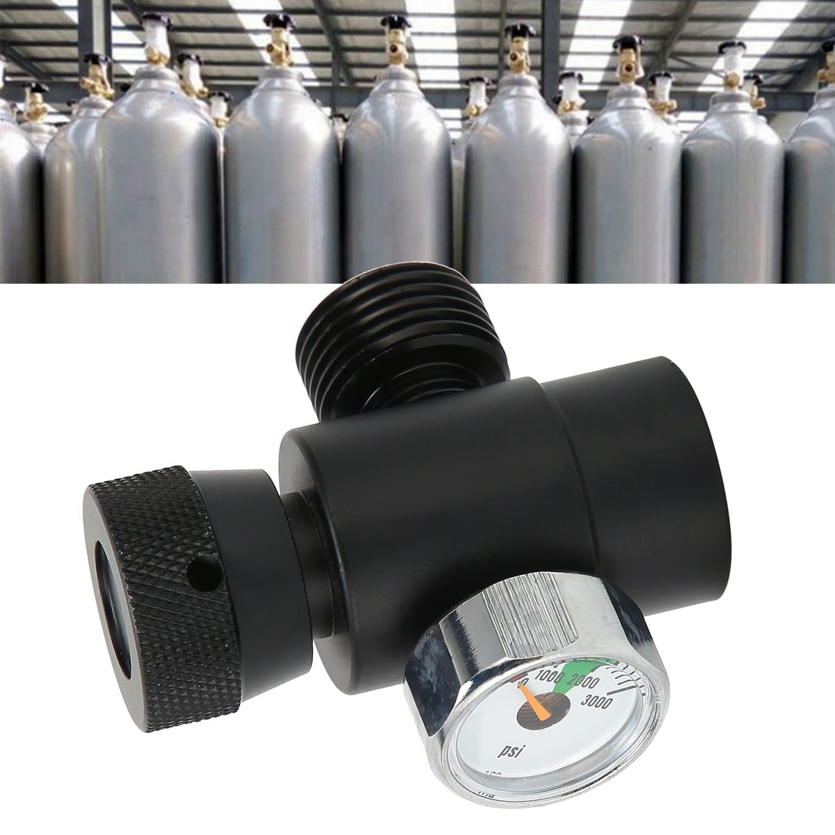 CO2 Cylinder Refill Adapter Connector CGA320 // TR21-4 ASA 3000psi Pressure Gauge Black