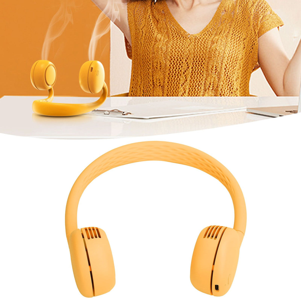 Fanless Hanging Neck Fan Adjustable USB Charging Silent Sports Fan for Home School OutdoorYellow 2000mAh