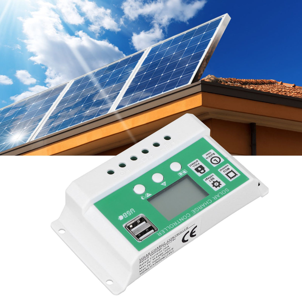 20A 12V 24V LCD Display Solar Charge Controller PWM Auto Focusing Tracking Charging