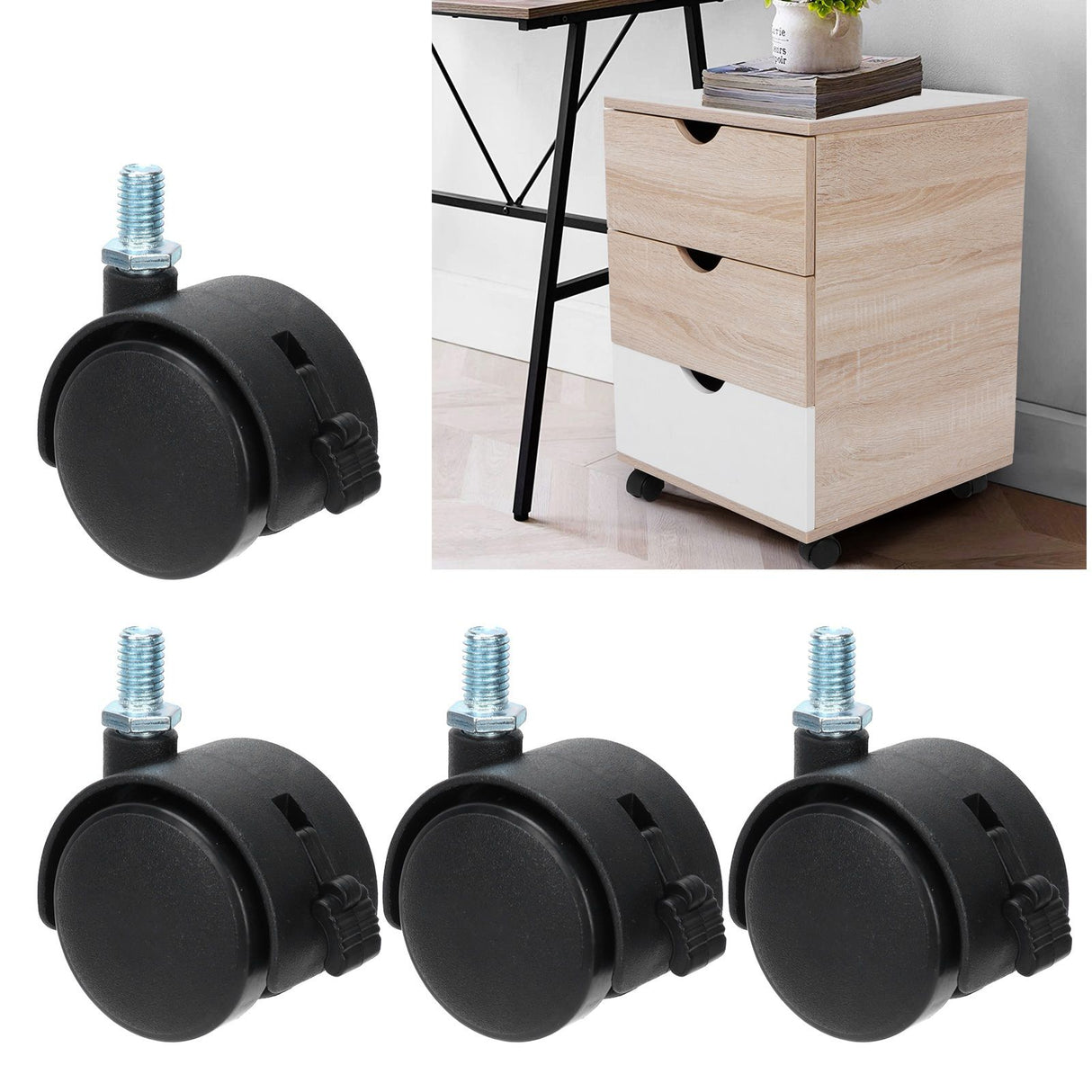 4Pcs PU Casters with Brake 1.5in Universal Wheel for Cabinet Bookshelf Trolley Black