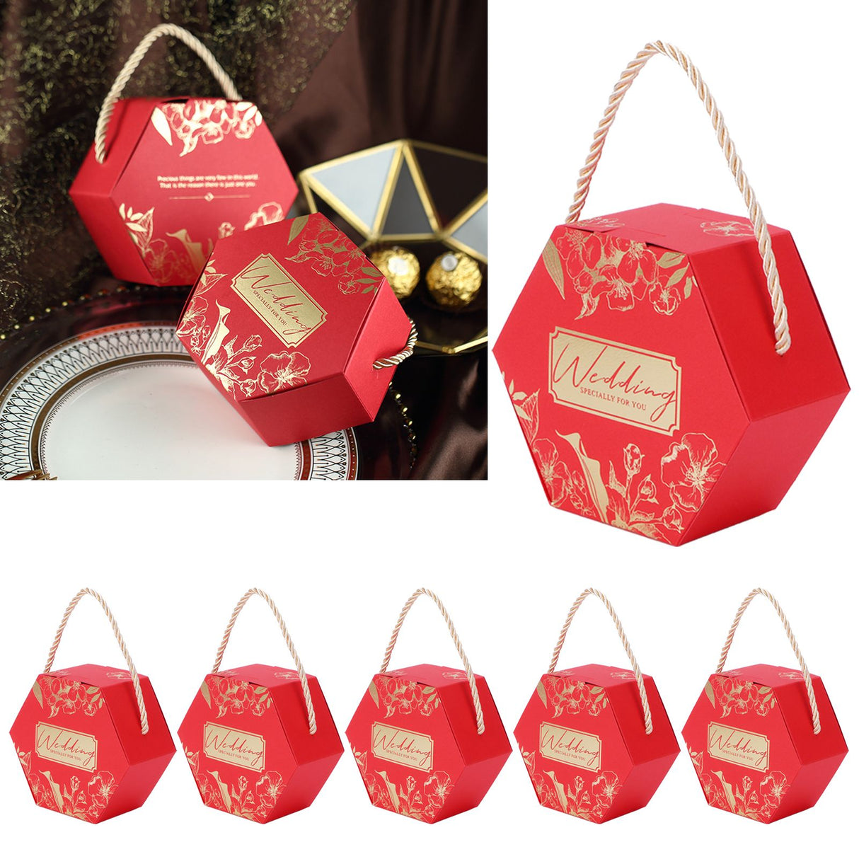 10 Set Candy Boxes Bags Hexagonal Chocolate Gift Boxes with Ropes for Wedding SuppliesRed