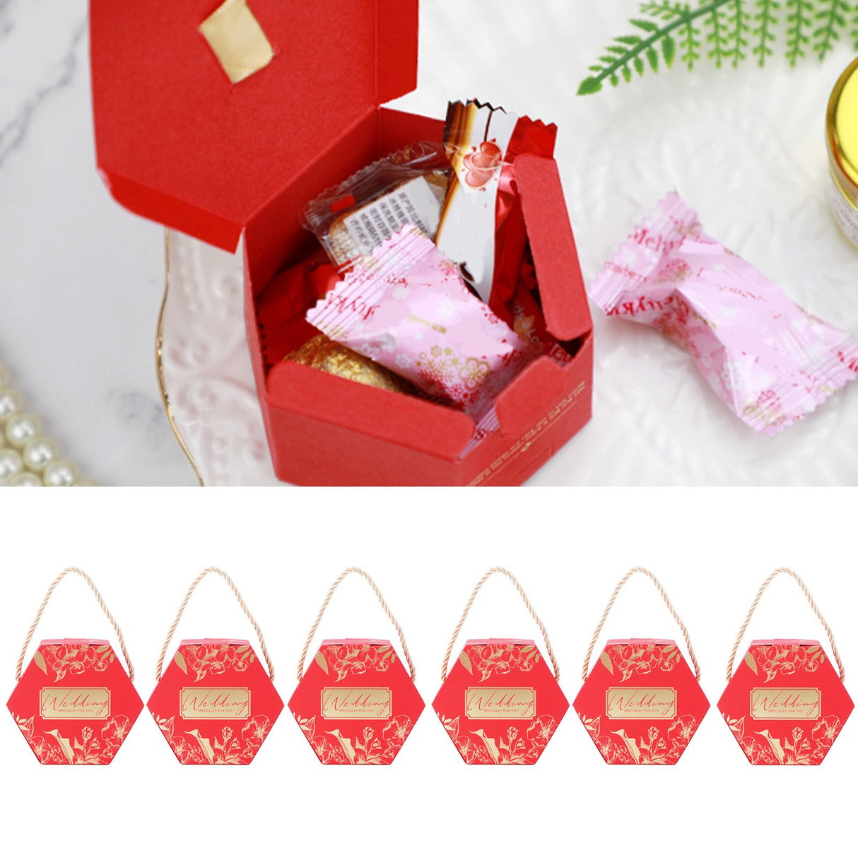 10 Set Candy Boxes Bags Hexagonal Chocolate Gift Boxes with Ropes for Wedding SuppliesRed