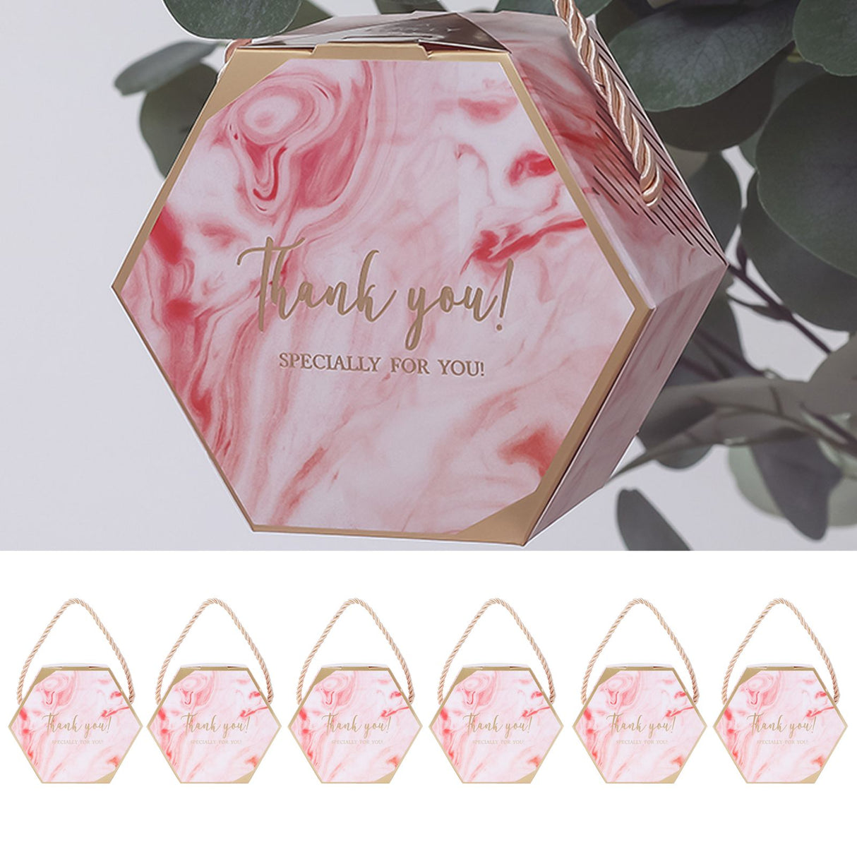 10 Set Candy Boxes Bags Hexagonal Chocolate Gift Boxes with Ropes for Wedding SuppliesPink