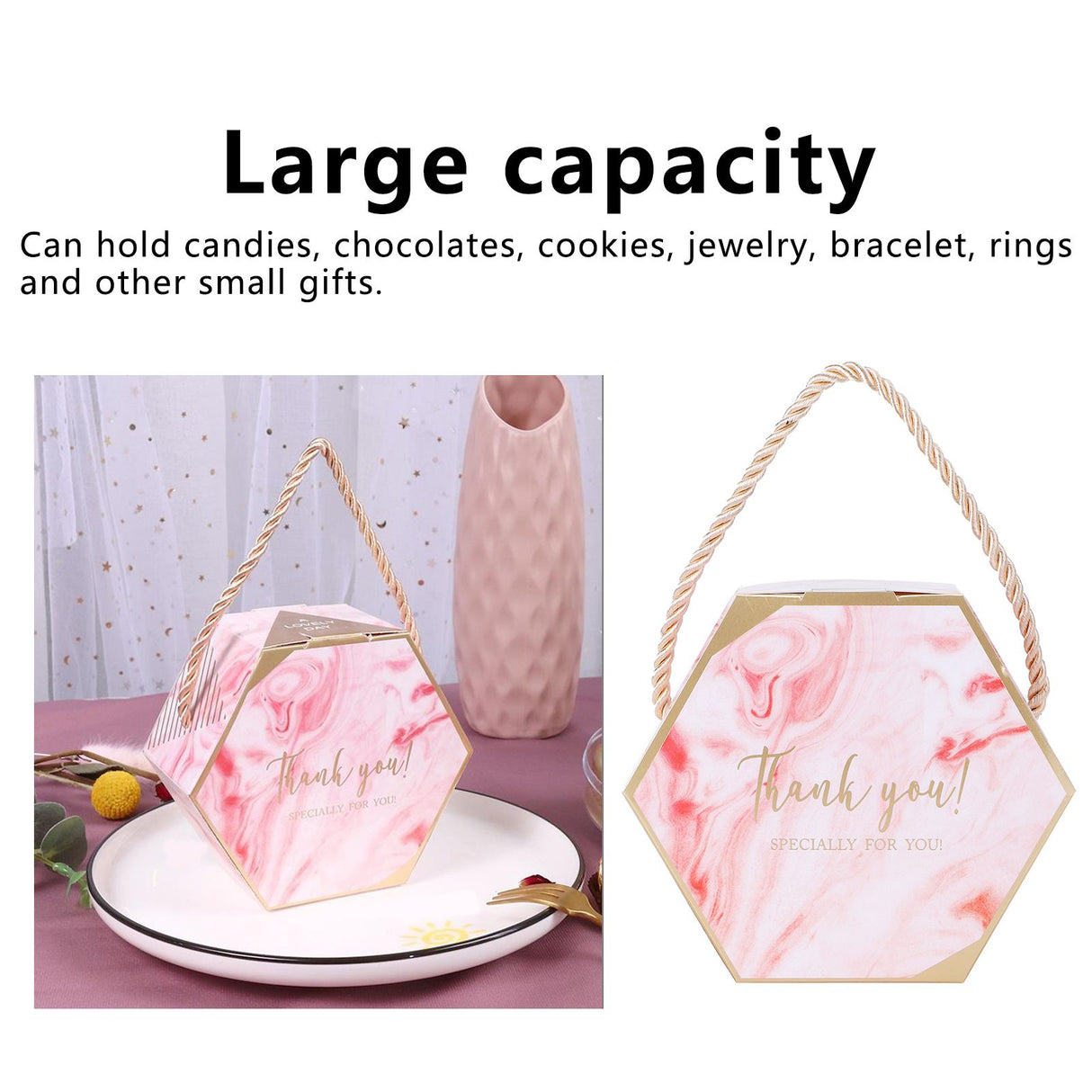10 Set Candy Boxes Bags Hexagonal Chocolate Gift Boxes with Ropes for Wedding SuppliesPink
