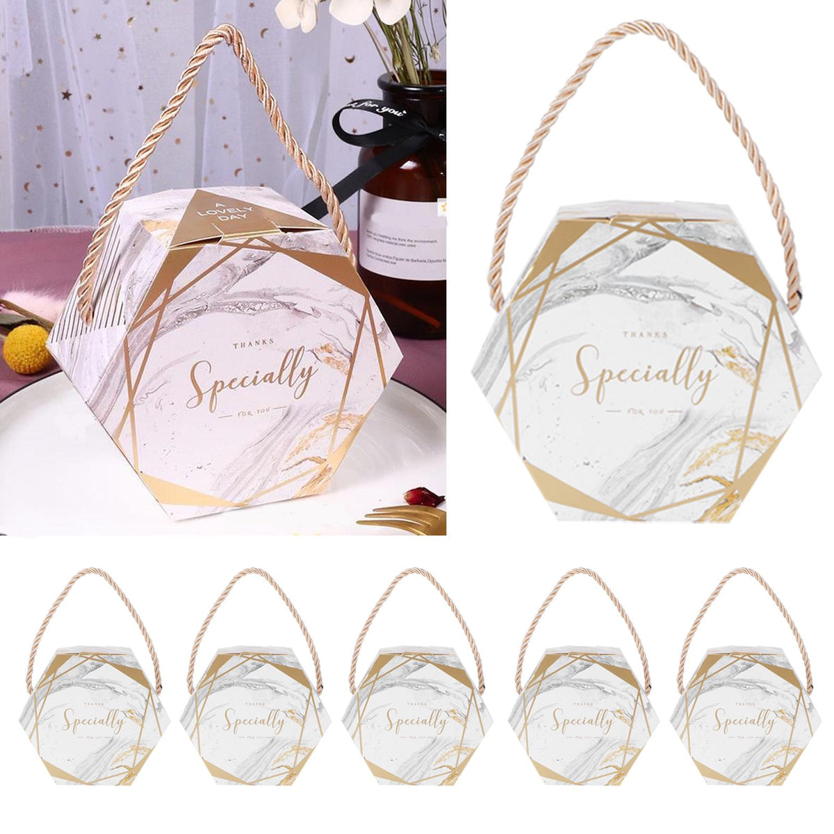 10 Set Candy Boxes Bags Hexagonal Chocolate Gift Boxes with Ropes for Wedding SuppliesMarble