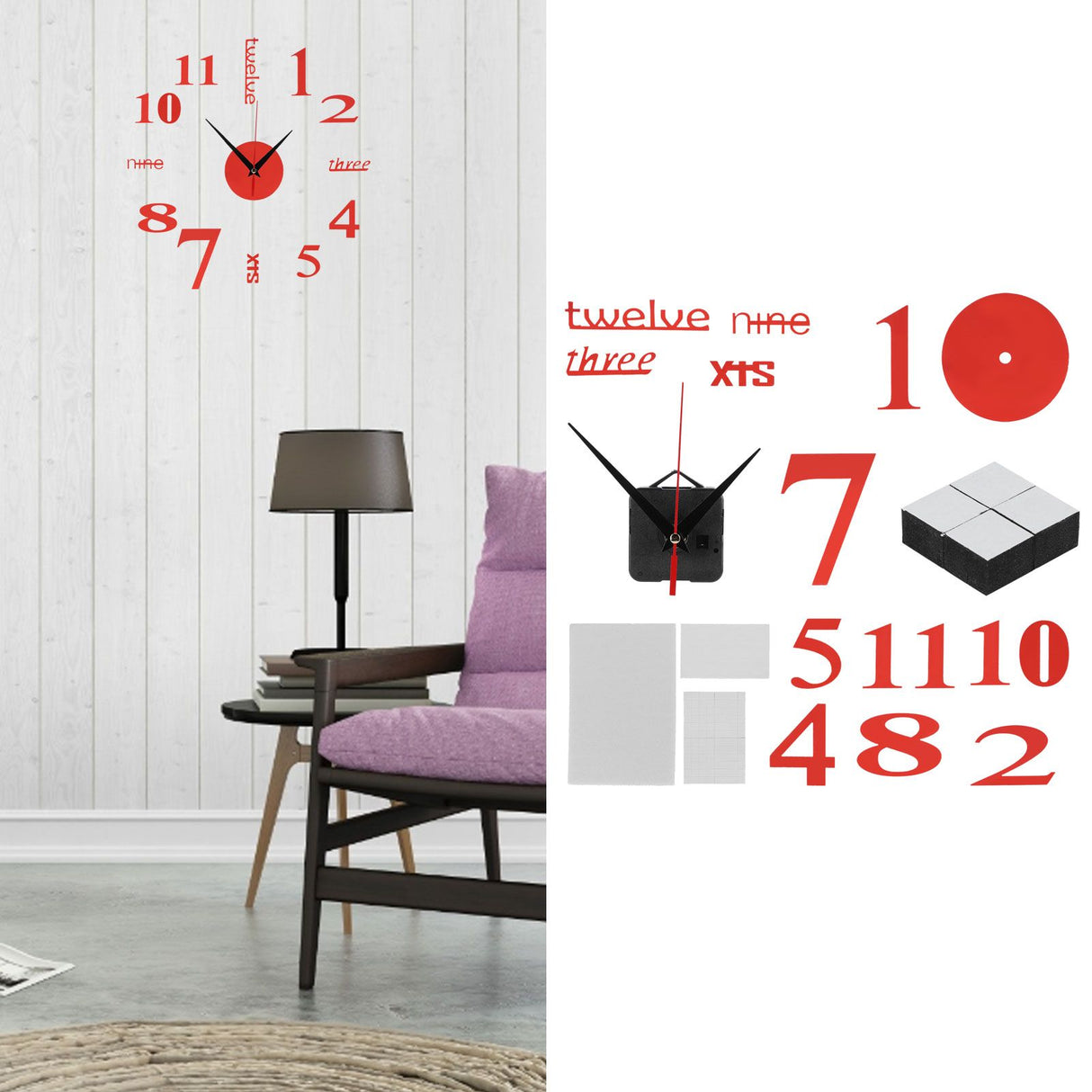 Modern DIY Digital Wall Clock Sticker Decals for Home Living Room Office DecorationRed