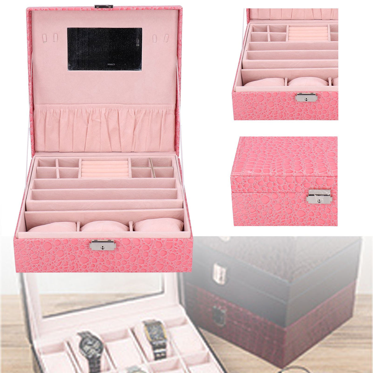 Pink Artificial Leather Jewelry Box Watch Jewelry Packaging Container Holder for Girls