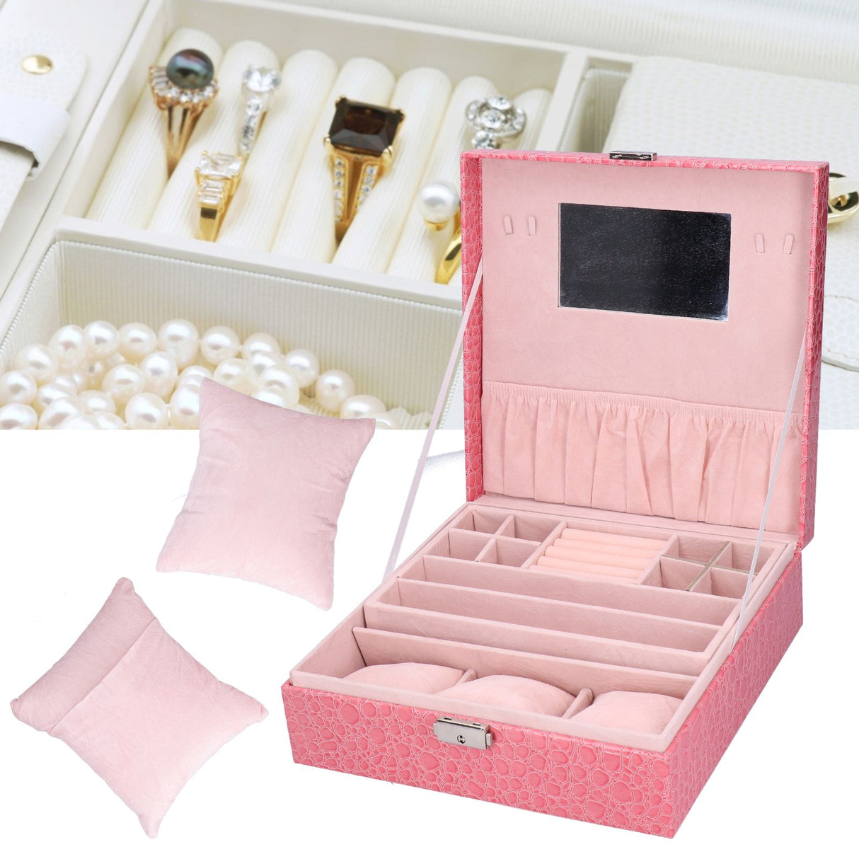 Pink Artificial Leather Jewelry Box Watch Jewelry Packaging Container Holder for Girls