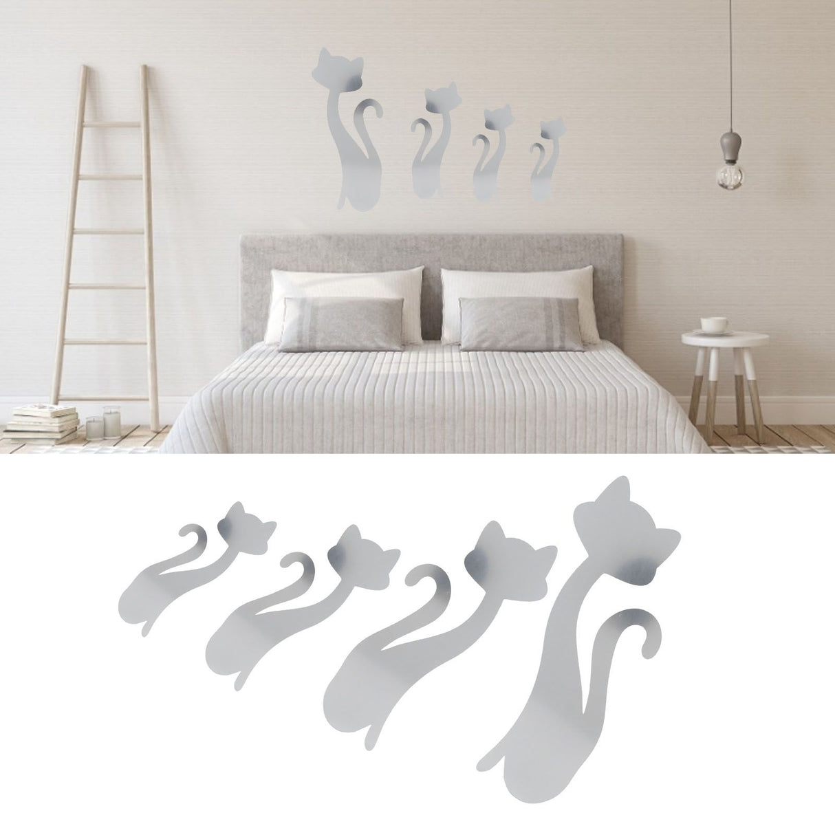 Cat Shape Mirror Wall Stickers Home Living Room Bedroom DIY Wall Art DecorationsSilver