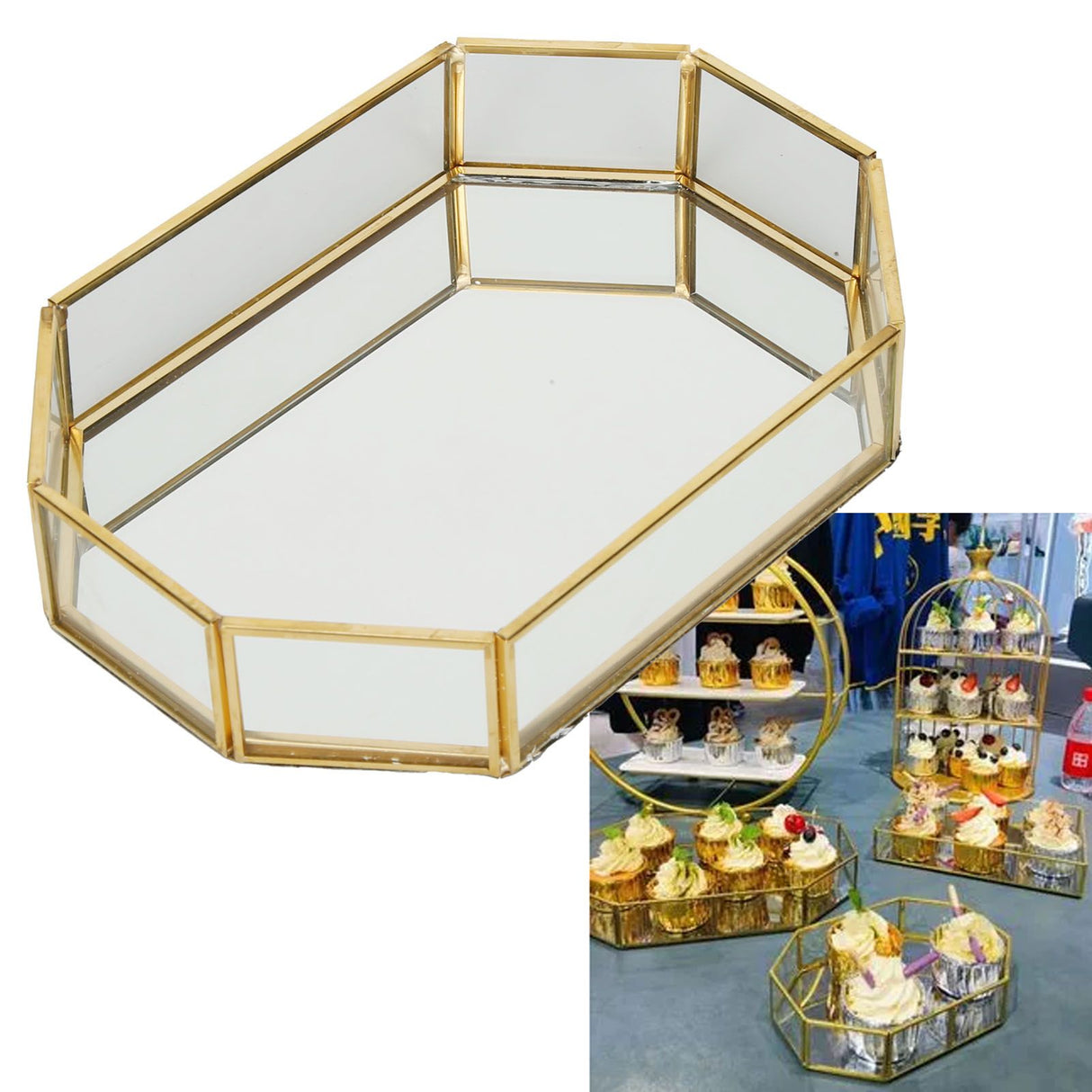 Octagonal Storage Box Mini Gold Geometry Jewelry Necklace Dessert Basket with Flannel 20x14x4cm