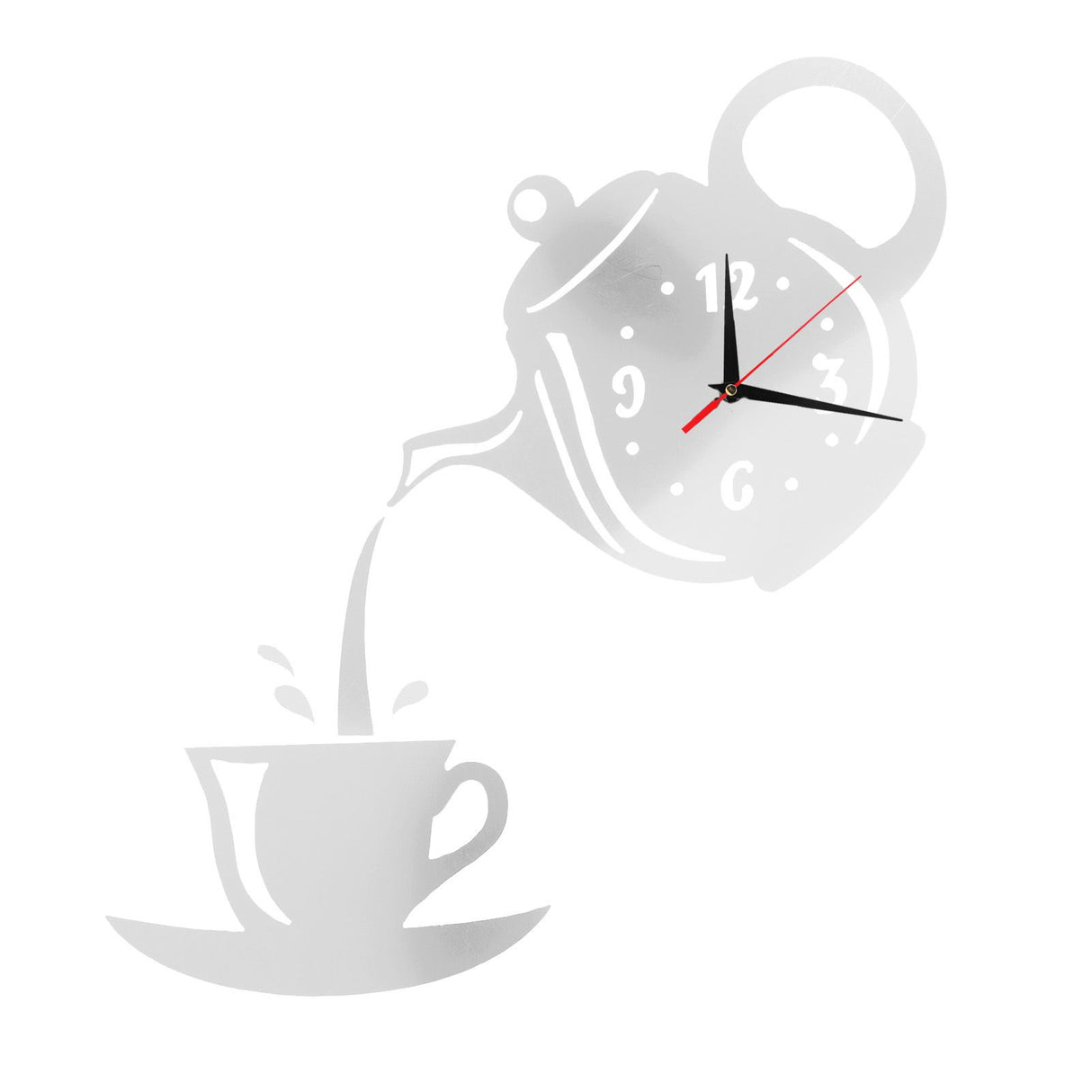 DIY Wall Clock Mirror Surface Sticker TeapotShaped Decals for Living Room Bedroom(Silver )