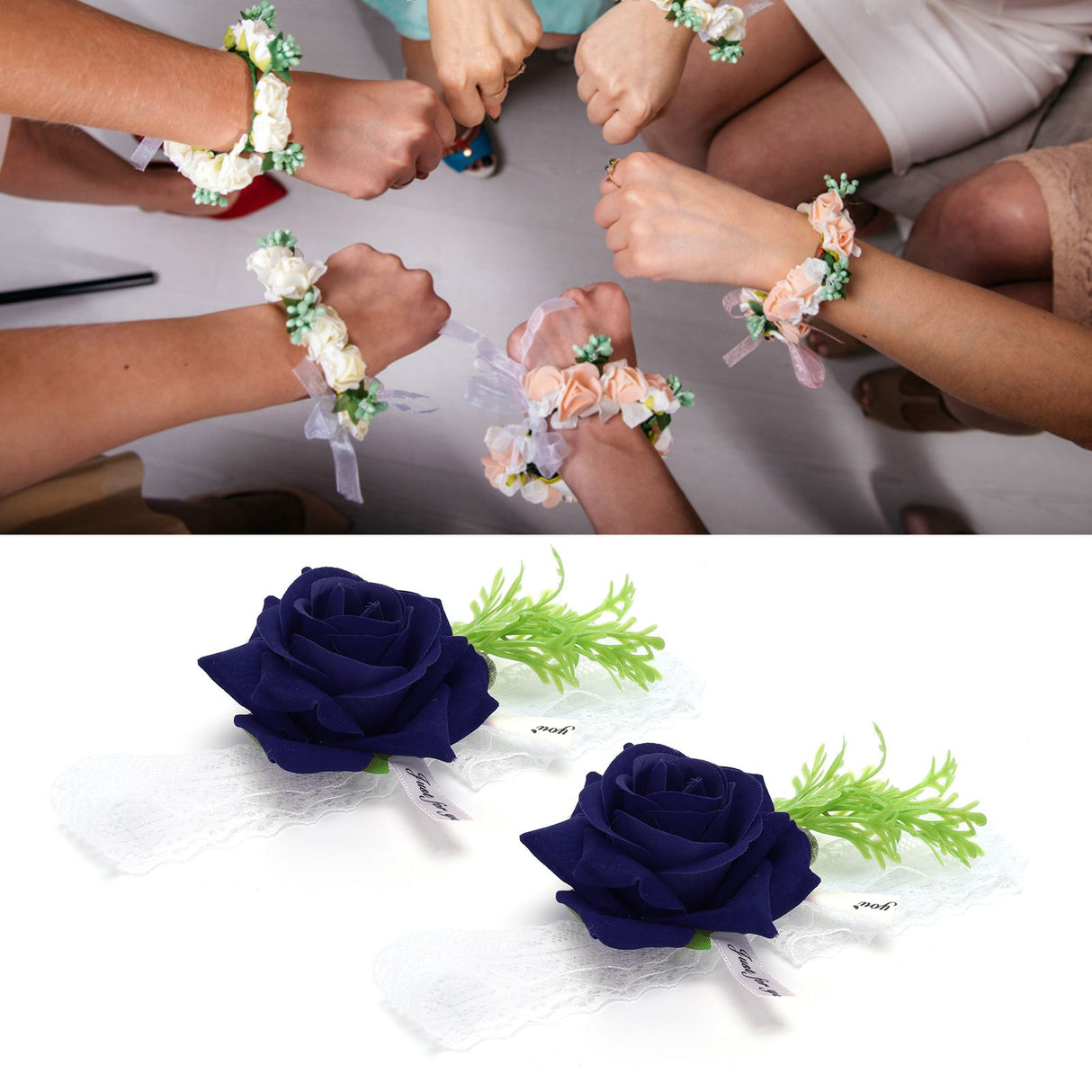 2Pcs Bridesmaid Silk Wrist Flower Bridal Corsage Wedding Ceremony Decoration SupplySapphire Blue