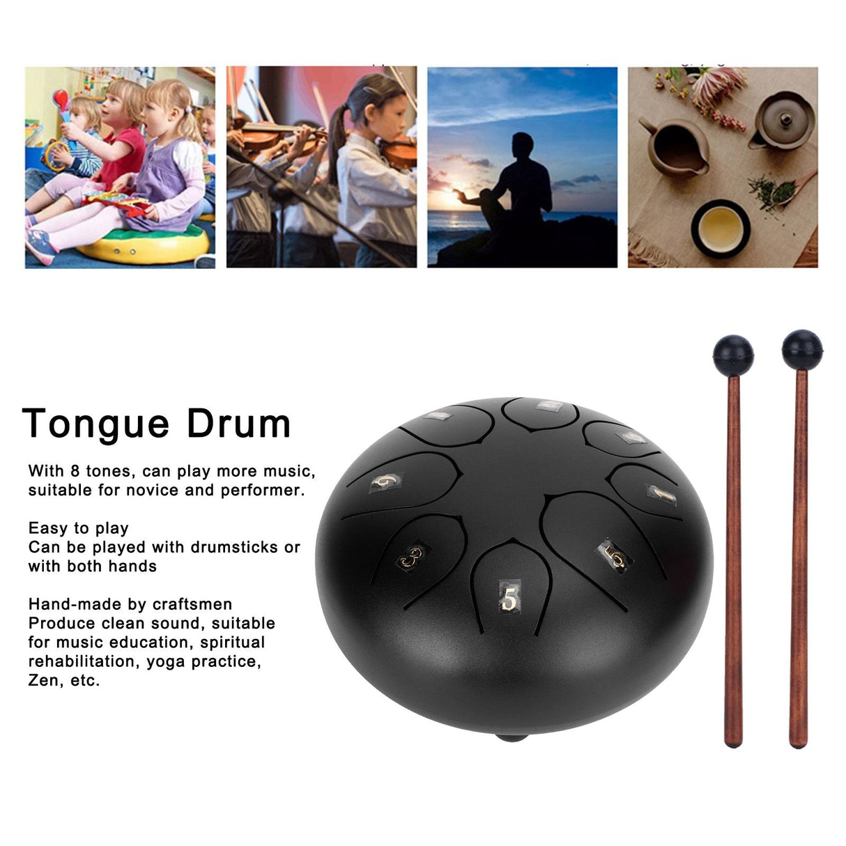 6in Tongue Drum 8‑Tones Ethereal Hand Pan Drums with Drumstick Percussion InstrumentBlack