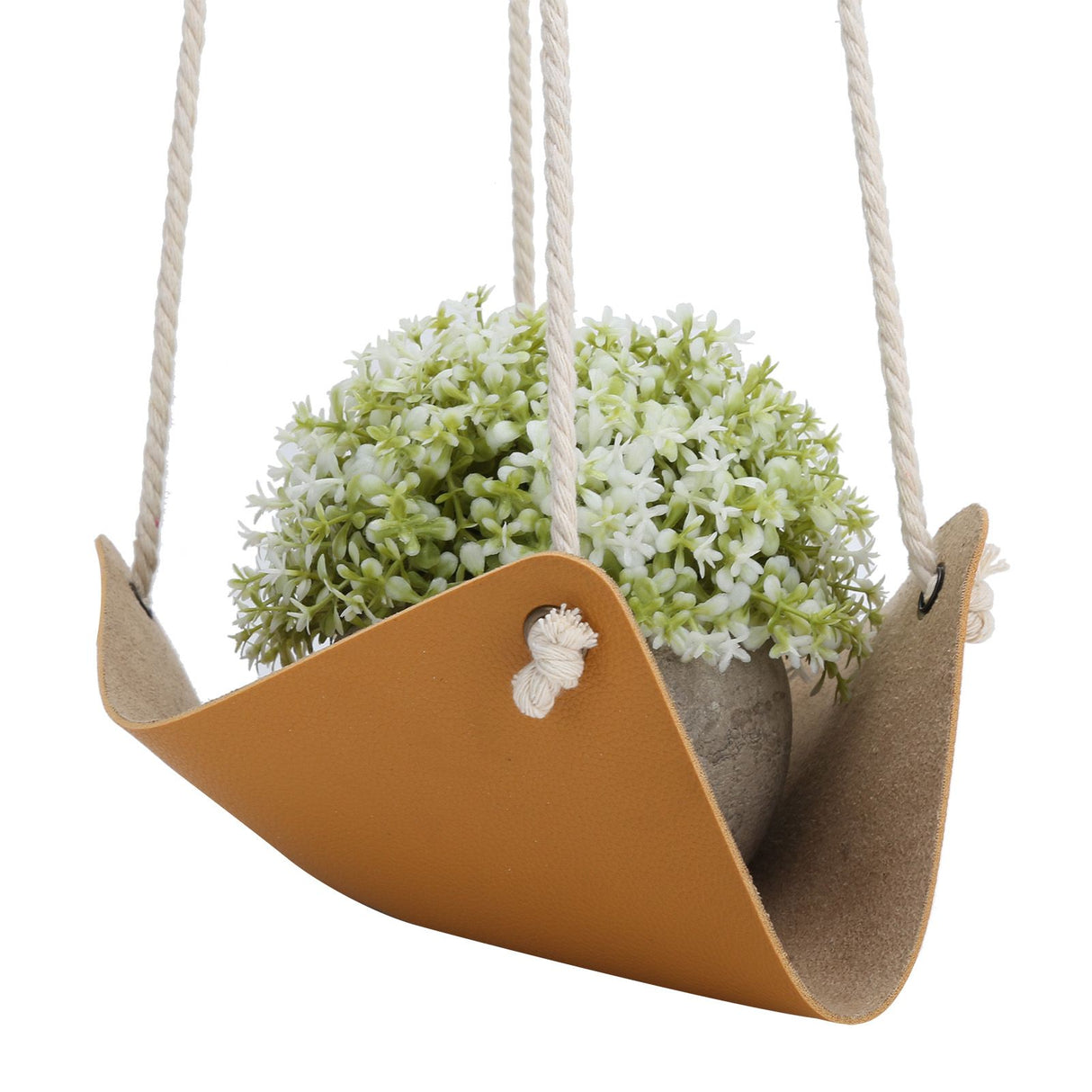Hanging Planter Holder PU Leather Base Cotton Rope Net Flowerpot Hanging Basket for GardeningYellow 20cm