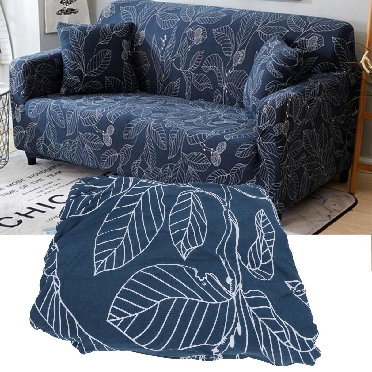 Blue Leaves Soft Elastic Sofa Cover Washable Sofa Slipcover Furniture Protector for Home2 Seater