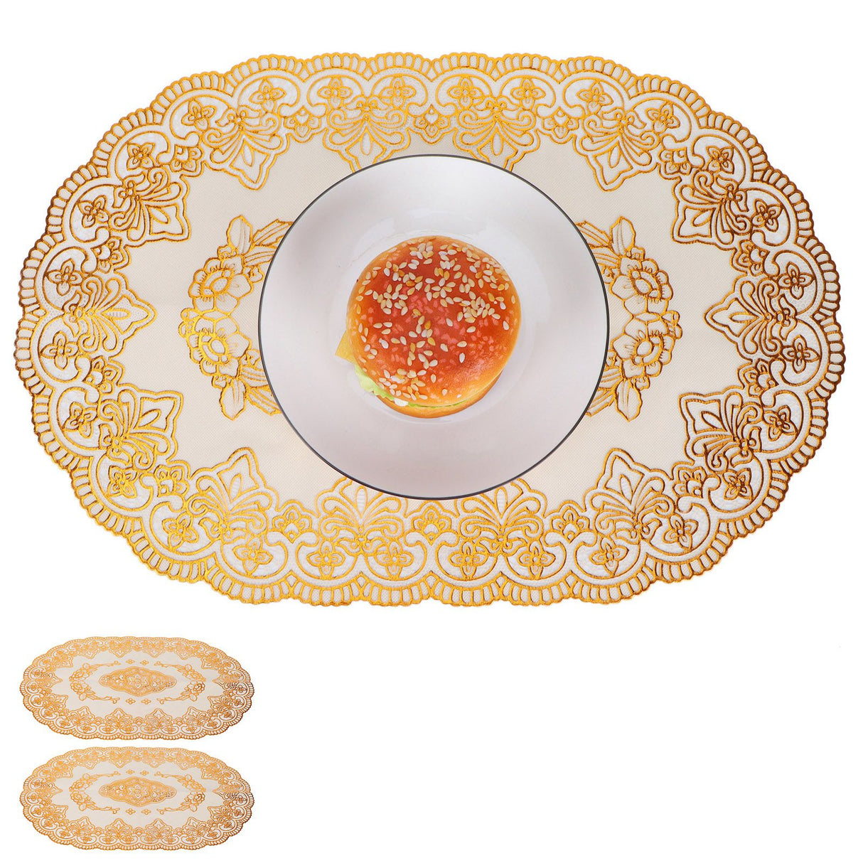 2Pcs PVC Table Mat Gold Placemats Cup Coaster Pad Kitchen Restaurant Wedding DecorationOval 01