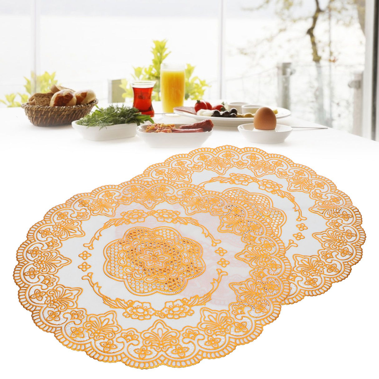 2PCS 38x38cm Table Mats PVC Gold Placemats Cup Mat Coaster for Wedding Party SuppliesRound 01