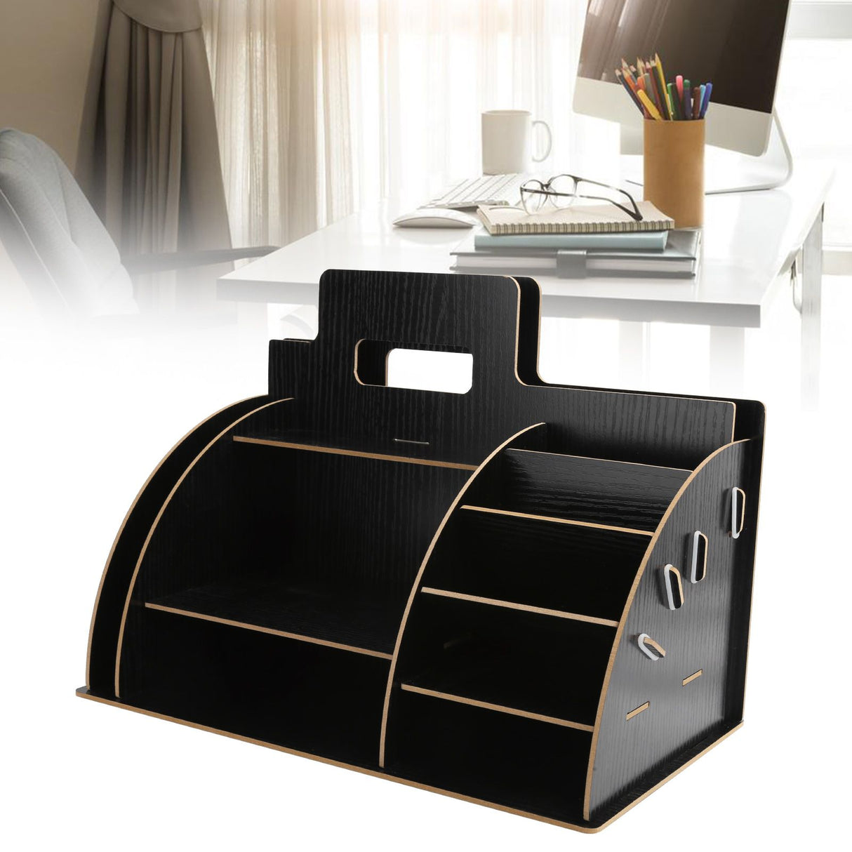 Wood Desktop Organizer Innovative Cosmetics Stationery Storage Rack for Home OfficeBlack