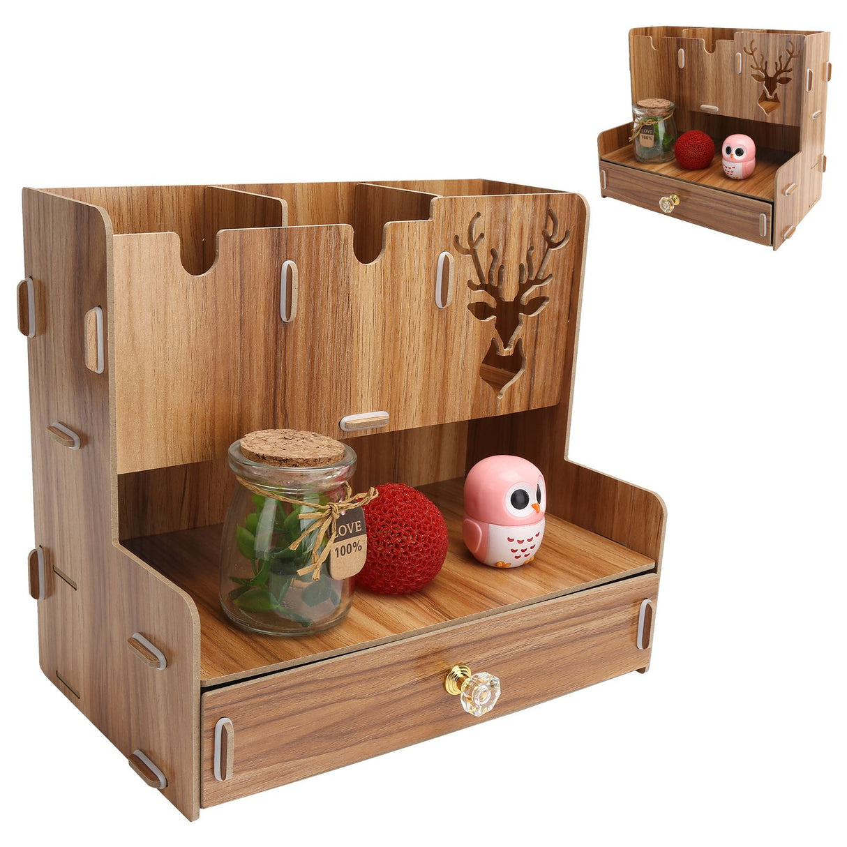 Desktop Organizer Wooden Pen Holder Storage Rack Stationery Supplies for Home OfficeCherry Wood Color