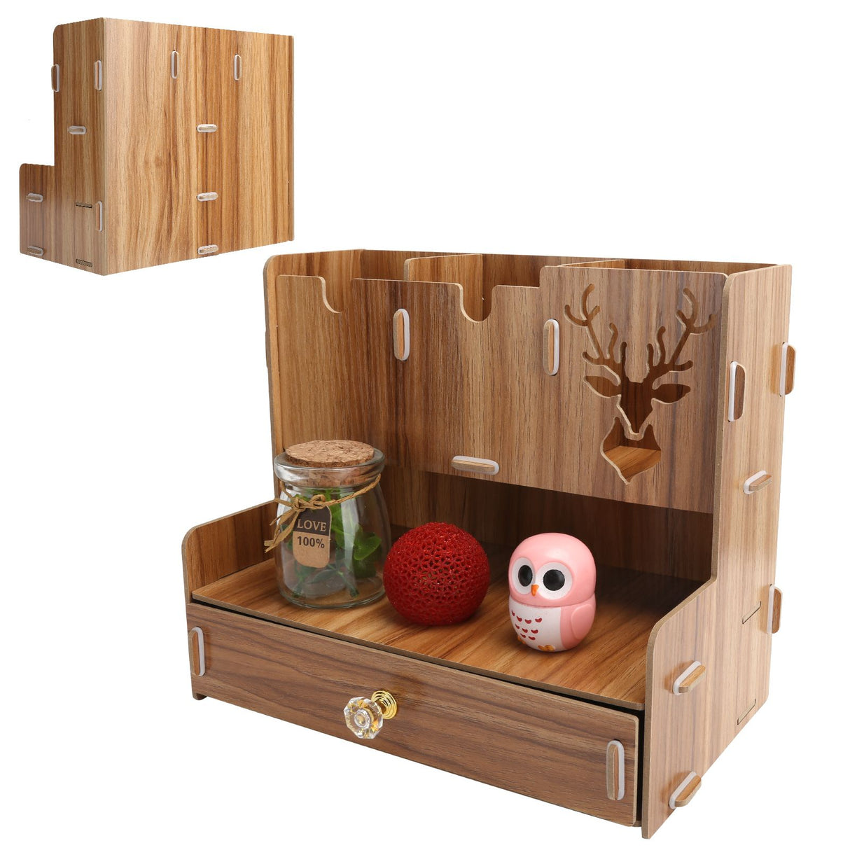 Desktop Organizer Wooden Pen Holder Storage Rack Stationery Supplies for Home OfficeCherry Wood Color