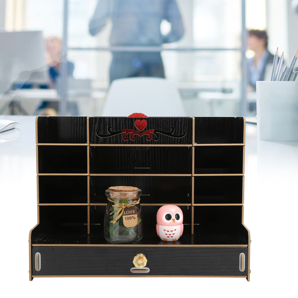 Wooden Storage Box Innovative Desktop Pen Holder Container Stationery Rack OrganizerBlack