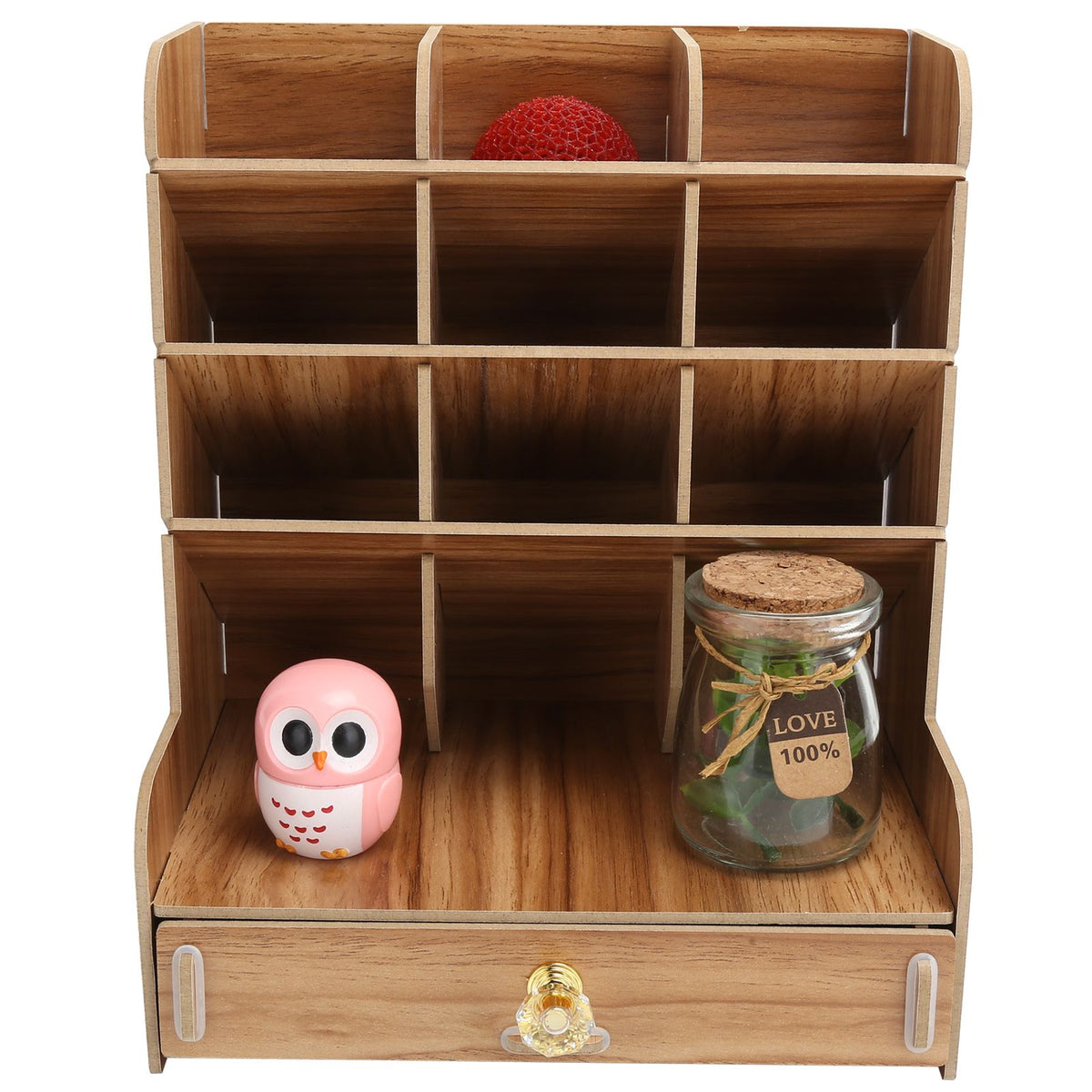 Wood Desktop Bookshelf Multi Function Pen Holder Stationery Box for Home Office Use(Cherry Wood Color )