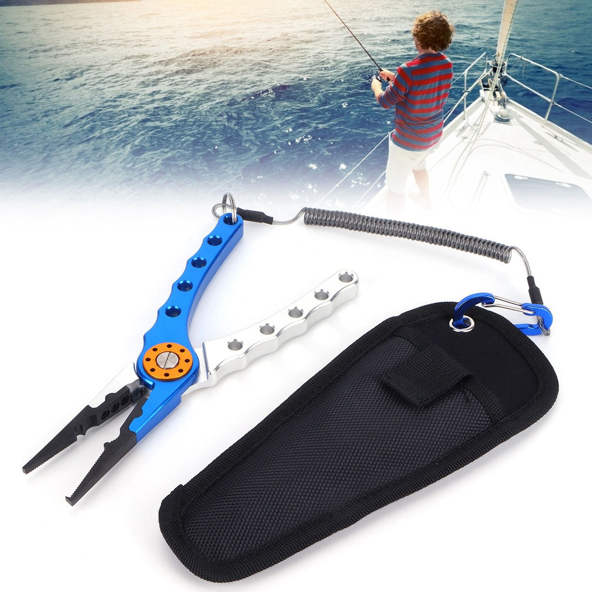 Fishing Lure Pliers Tongs Multifunction Aluminum Alloy Hook Remover Tool Equipment(Blue Silver )