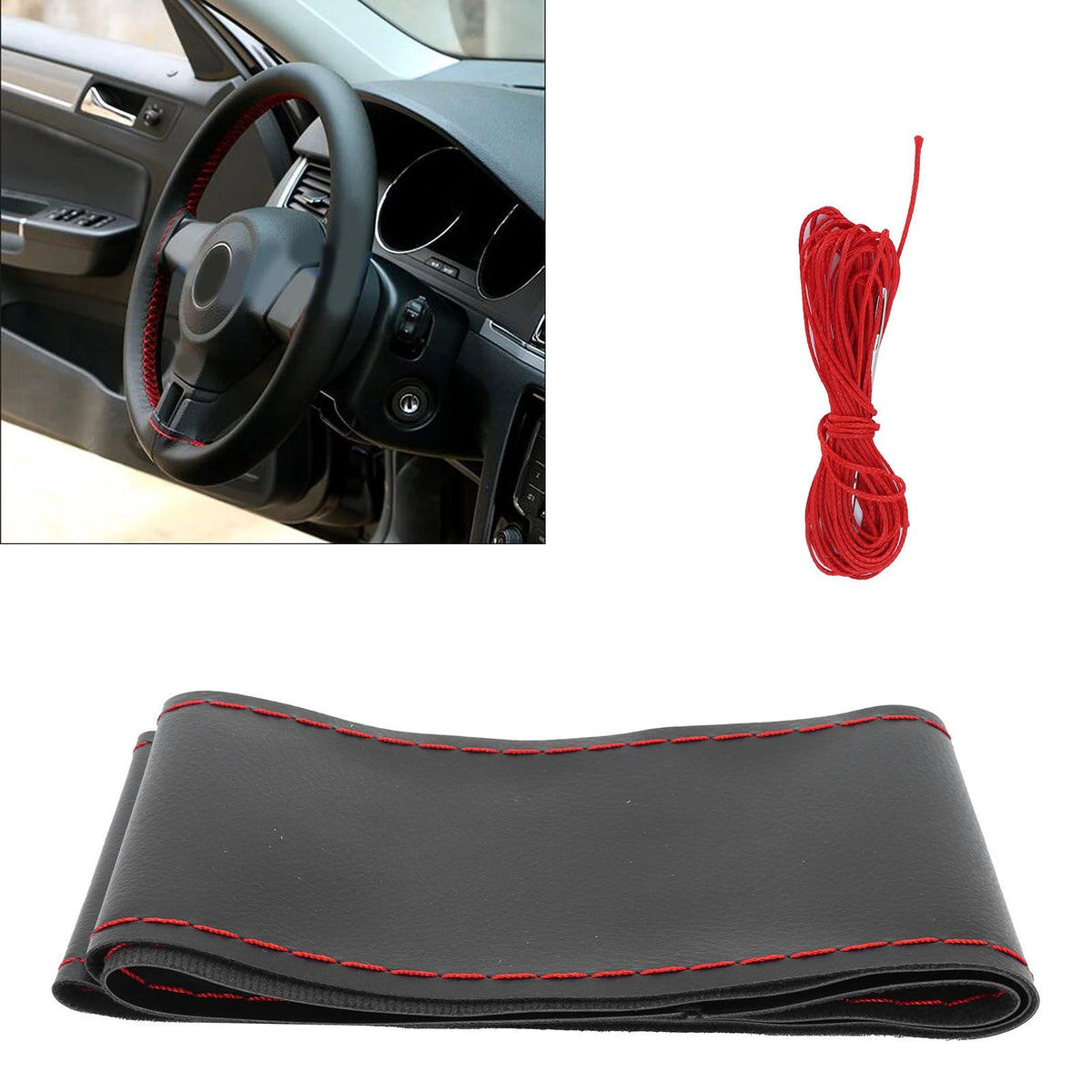 Universal Steering Wheel Cover with Needle Thread Protector for External Diameter of 3738cm(Black Red Thread )