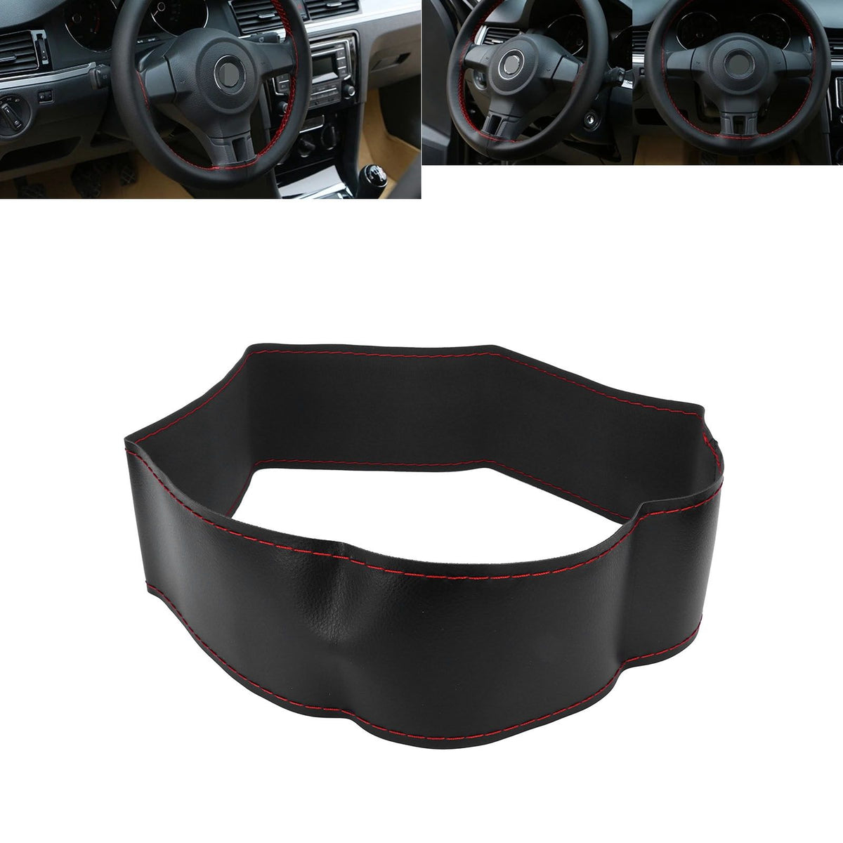 Universal Steering Wheel Cover with Needle Thread Protector for External Diameter of 3738cm(Black Red Thread )