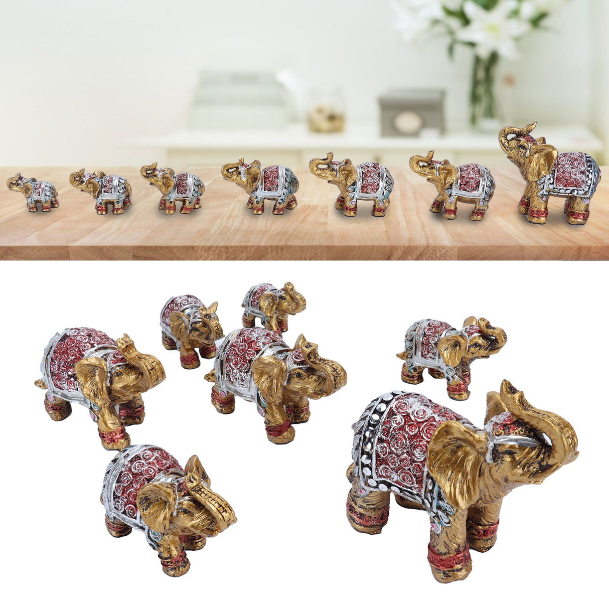 7Pcs Cute Resin Elephant Statue Decor Vivid Ornament Craft Gift for Home Table Decoration