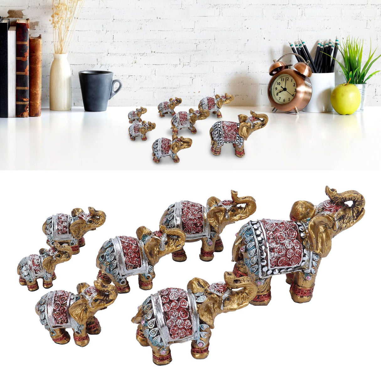 7Pcs Cute Resin Elephant Statue Decor Vivid Ornament Craft Gift for Home Table Decoration