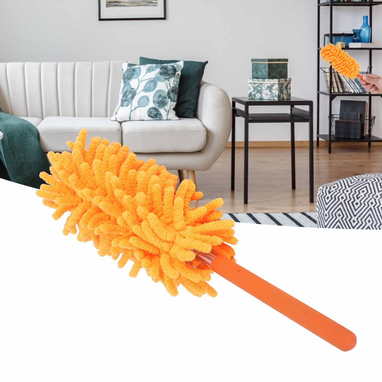 Telescopic Duster Detachable Washable 72cm Chenille Dust Removal Tool for Home Cleaning Orange