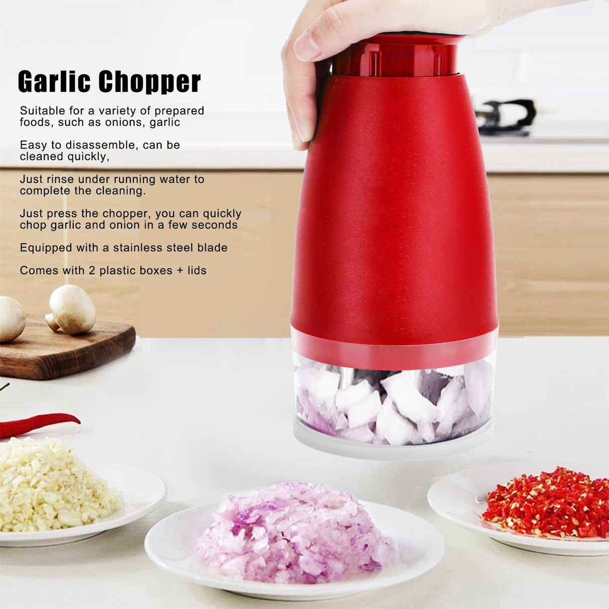 Manual Chopper Hand Press Garlic Ginger Garlic Chop Cutter Household with 2pcs Plastic BoxRed