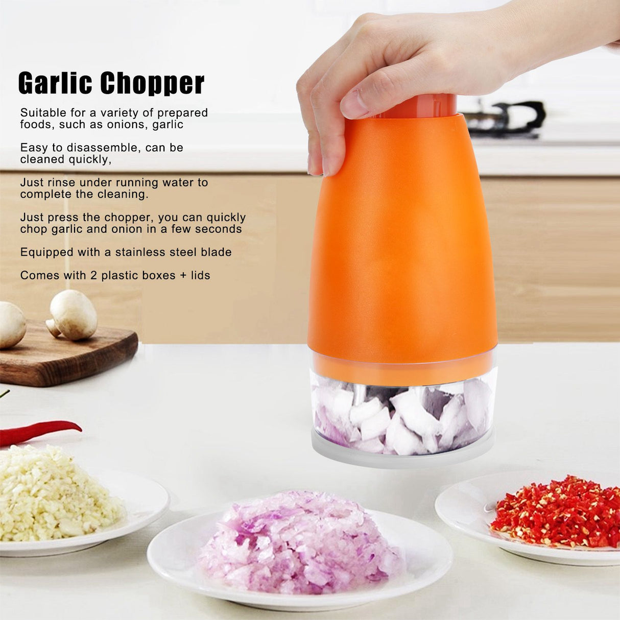 Manual Chopper Hand Press Garlic Ginger Garlic Chop Cutter Household with 2pcs Plastic BoxOrange