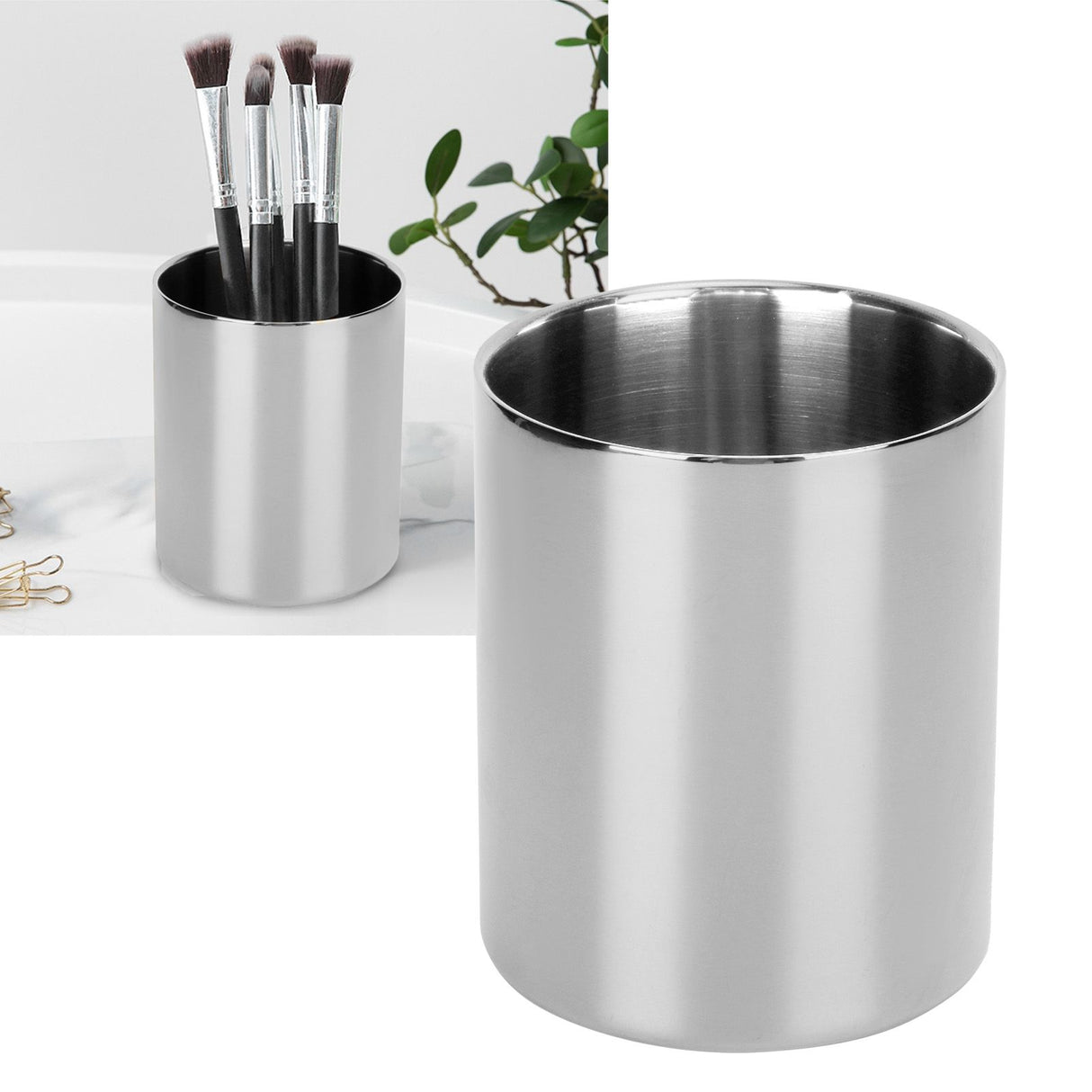 Stainless Steel Pencil Cup Holder Desk Organizer Flower Vases Pen Makeup Brush ContainerSilver