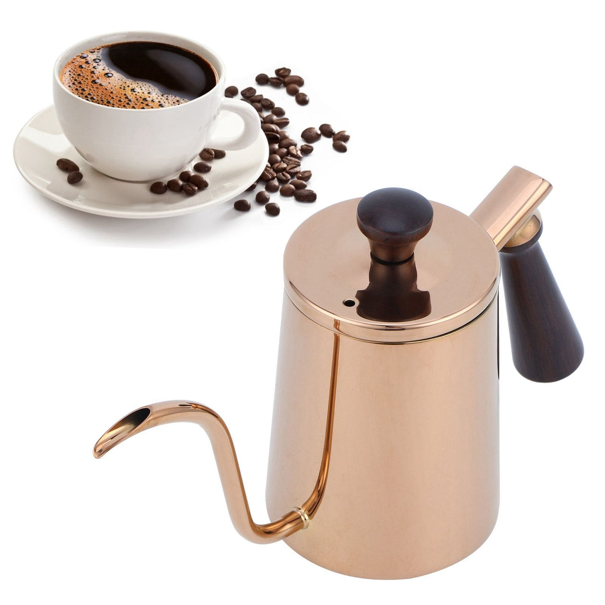 700ml Coffee Kettle 304 Stainless Steel Gooseneck Spout Coffee Drip Pot with Wooden HandleLong Spout‑Rose Gold