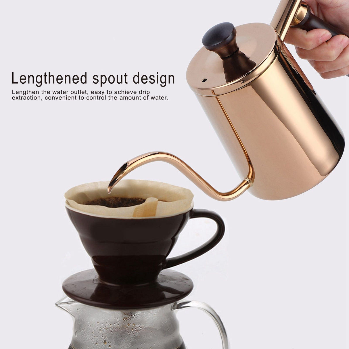 700ml Coffee Kettle 304 Stainless Steel Gooseneck Spout Coffee Drip Pot with Wooden HandleLong Spout‑Rose Gold